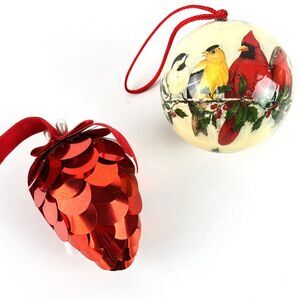 2 VTG Christmas Ornaments blown glass cardinal bird metallic red sequin pinecone